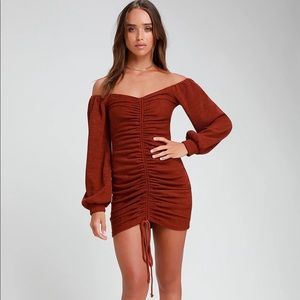LULUS Rust Ruched Off-the-Shoulder Bodycon Dress